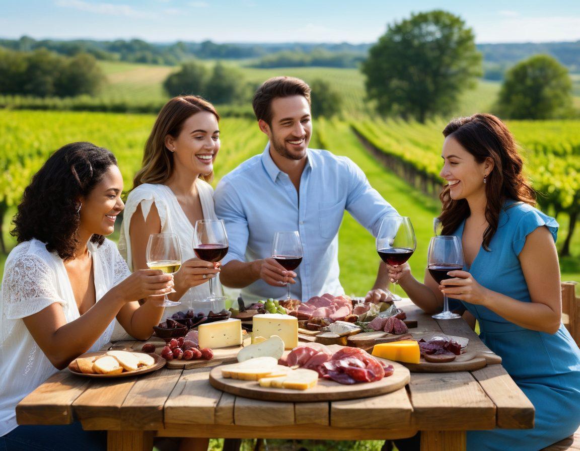 A lively scene featuring a group of diverse friends enjoying a wine tasting at Batavia Downs, surrounded by rolling vineyards under a clear blue sky. The atmosphere should radiate joy and camaraderie, with glasses of various wines clinking together and an array of cheese and charcuterie elegantly displayed on a rustic wooden table. Bright, warm lighting to emphasize the cheerful mood, with soft, inviting colors. super-realistic. vibrant colors.