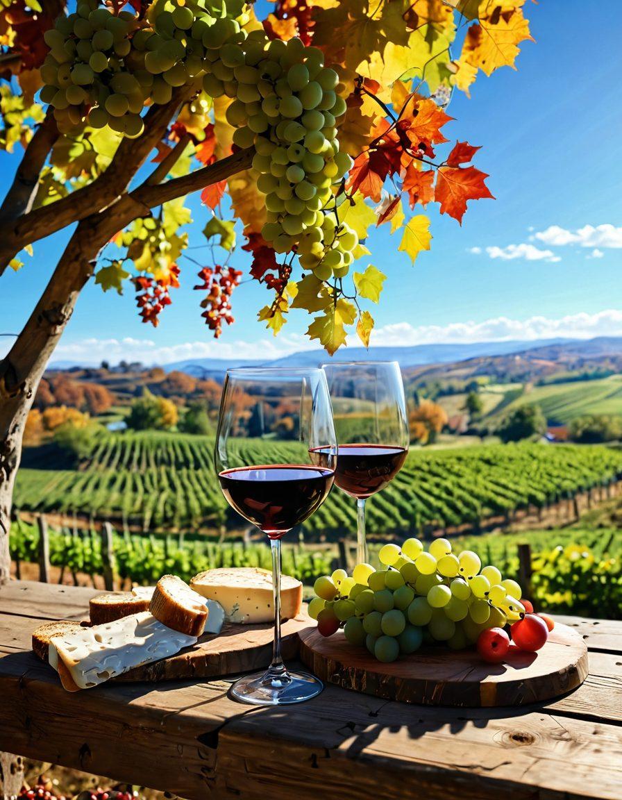 A beautiful vineyard in Batavia, with lush green grapes hanging from the vines under a bright blue sky. A rustic wooden table set with elegant wine glasses, aged cheese, and bread, reflecting vibrant joy and relaxation. A couple toasting with glasses of red wine, surrounded by colorful autumn leaves and rolling hills in the background. The scene invokes warmth and the essence of a perfect wine experience. super-realistic. vibrant colors. 3D.