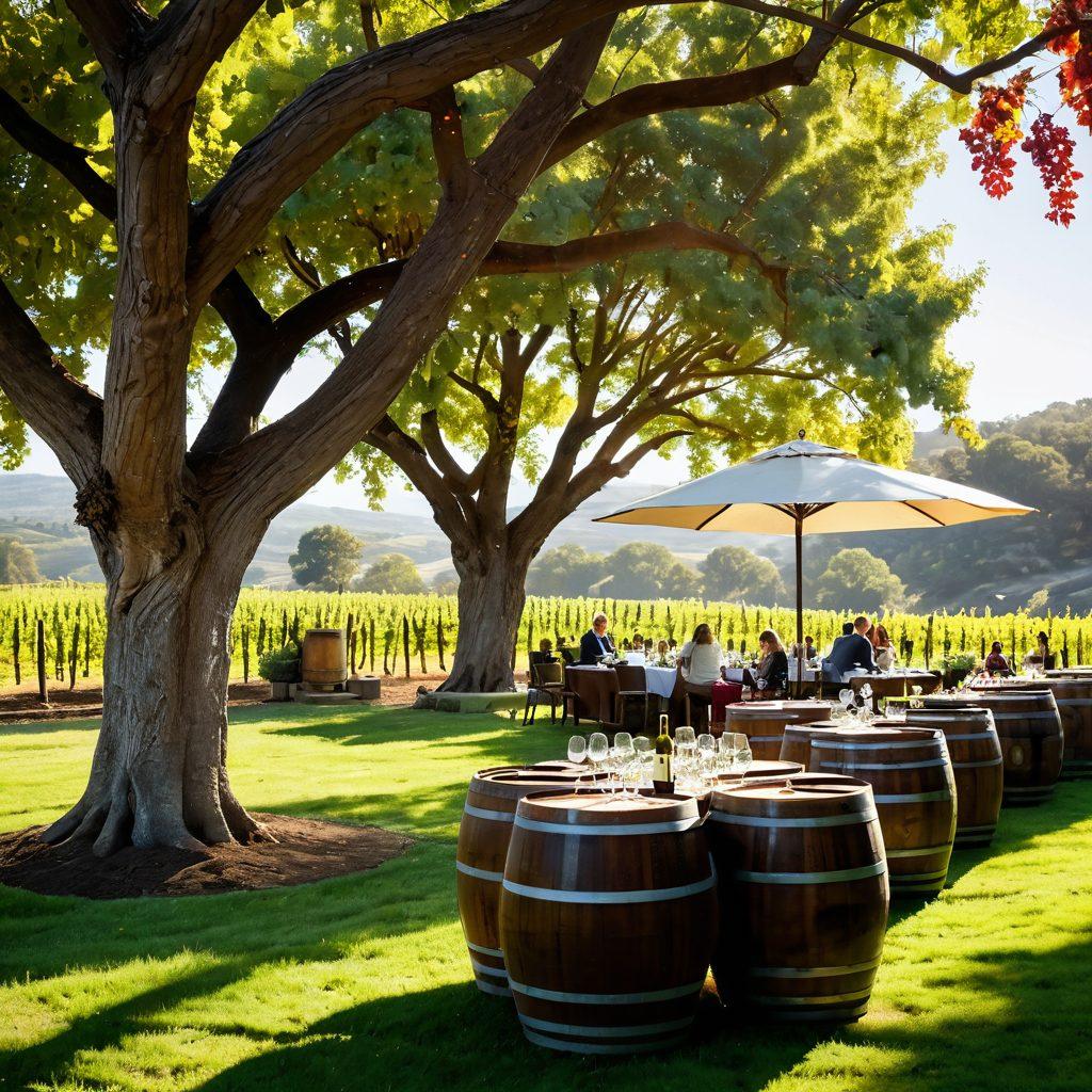 An elegant setting showcasing a vineyard-to-winery experience, featuring lush green vineyards in the background, wine barrels, and a tasting table with various wine glasses filled with rich red and white wines. Soft sunlight filters through the trees, casting a warm glow, while people engage in tasting and chatting. The image should evoke a sense of luxury and celebration. vibrant colors. super-realistic.